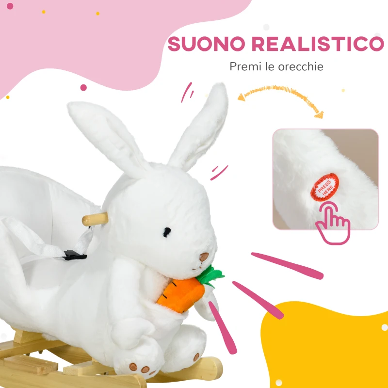 HOMCOM Animale a Dondolo a forma di Coniglio con Suoni e Cintura di Sicurezza, 60x33x50 cm, Bianco