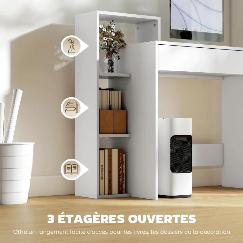 HOMCOM Bureau avec rangement, bureau d'ordinateur avec 3 étagères de rangement et tiroir, 100 x 40 x 90 cm, blanc