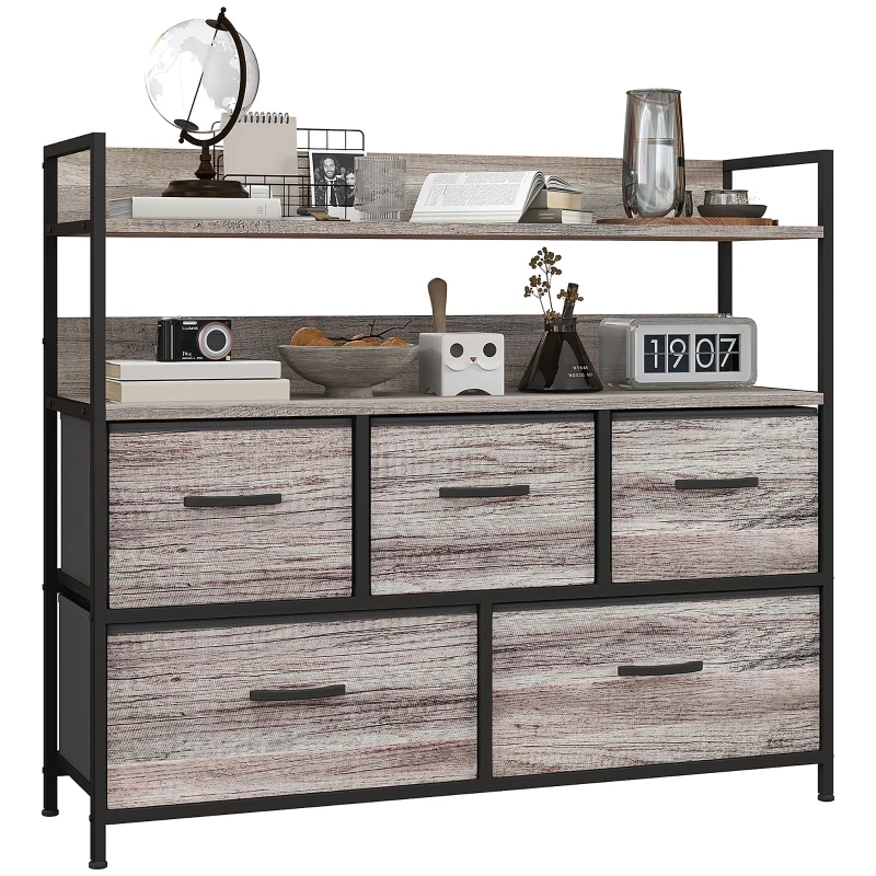 HOMCOM Stoffen Ladekast, 5 Opvouwbare Laden, 2 Schappen, Stalen Frame, 98 x 29 x 85 cm, Grijs