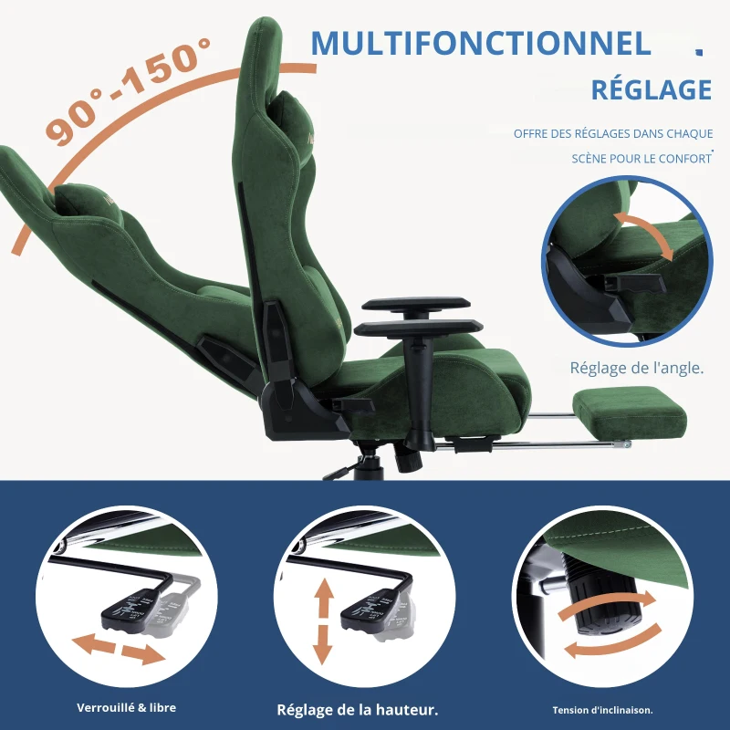 Fauteuil gaming avec repose-pieds, similicuir respirant, réglable en hauteur avec vérin à gaz, pivotant, 70x70x135 cm, Vert