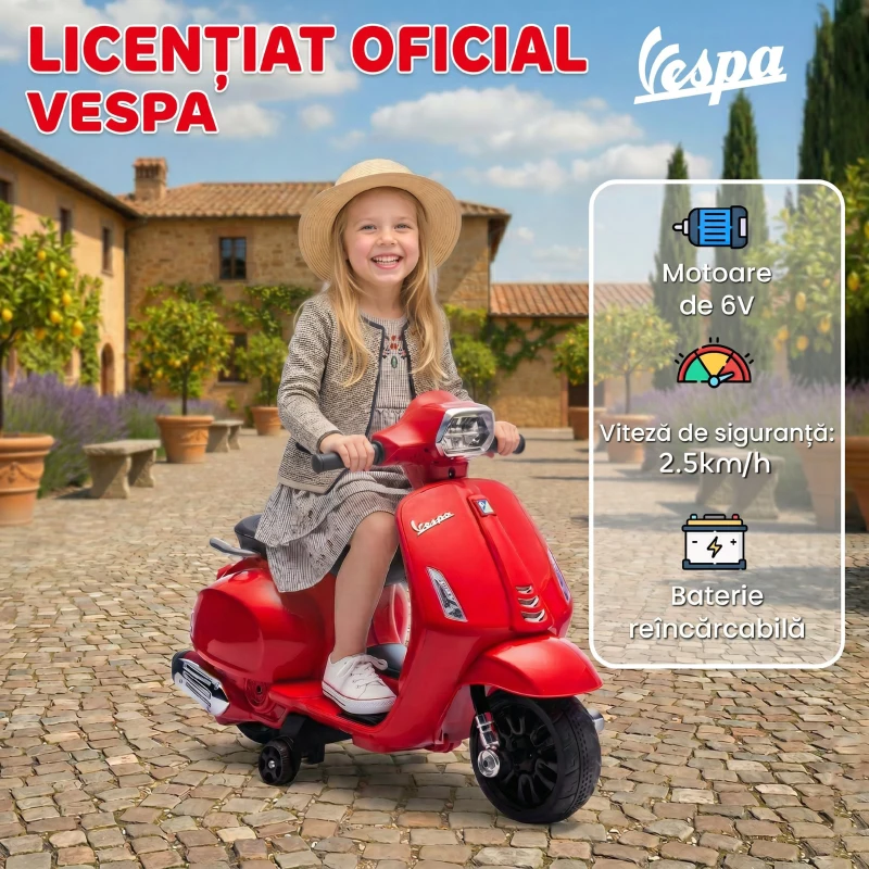 AIYAPLAY Motocicletă Electrică pentru Copii cu Licență Vespa, Baterie Reîncărcabilă 6V, Roți Ajutătoare și Lumini, Roșu