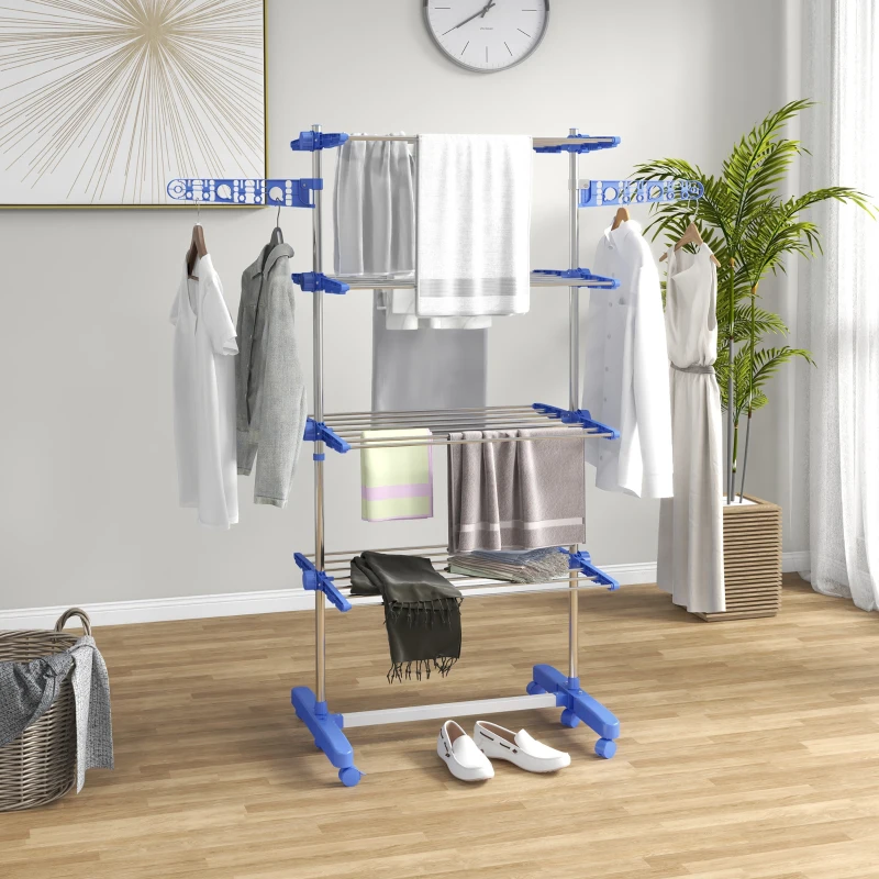 HOMCOM Opvouwbare Wasrek met 5 niveaus, One-Klick-Systeem, 142 cm x 55 cm x 172 cm, Blauw + Zilver