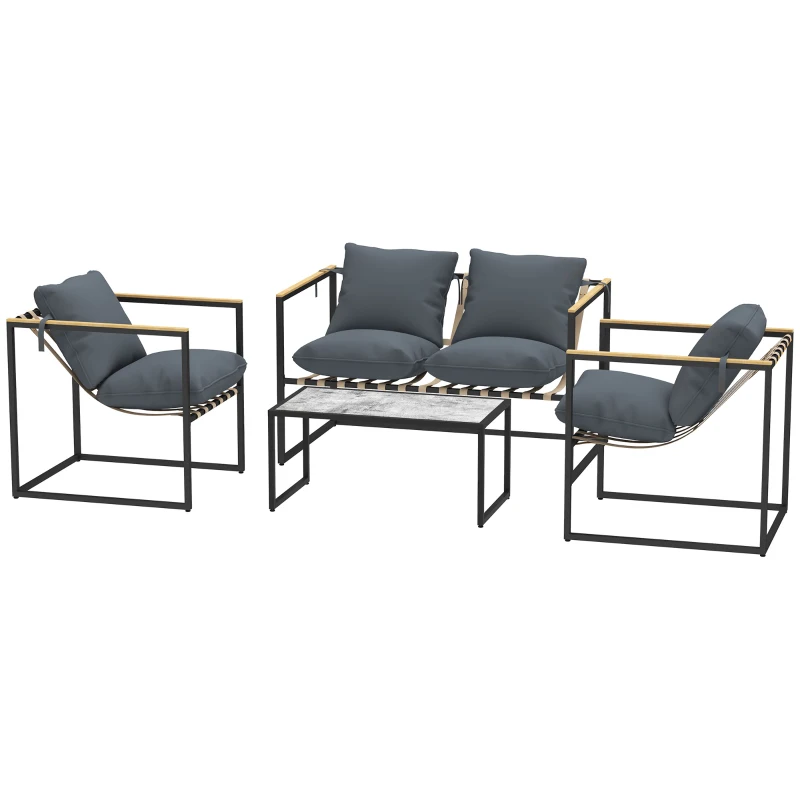 Outsunny 4-delig tuinmeubelset, outdoor meubelset, 2 fauteuils, 2-zitsbank, 1 tafel, gestoffeerd, staal, polyester, grijs