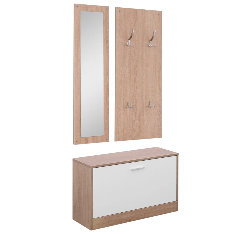 HOMCOM Conjunto de Muebles de Entrada Recibidor Pasillo Set de 3 Piezas Zapatero Espejo Perchero con 4 Ganchos para Colgar Ropa 80x27x46,5cm Madera