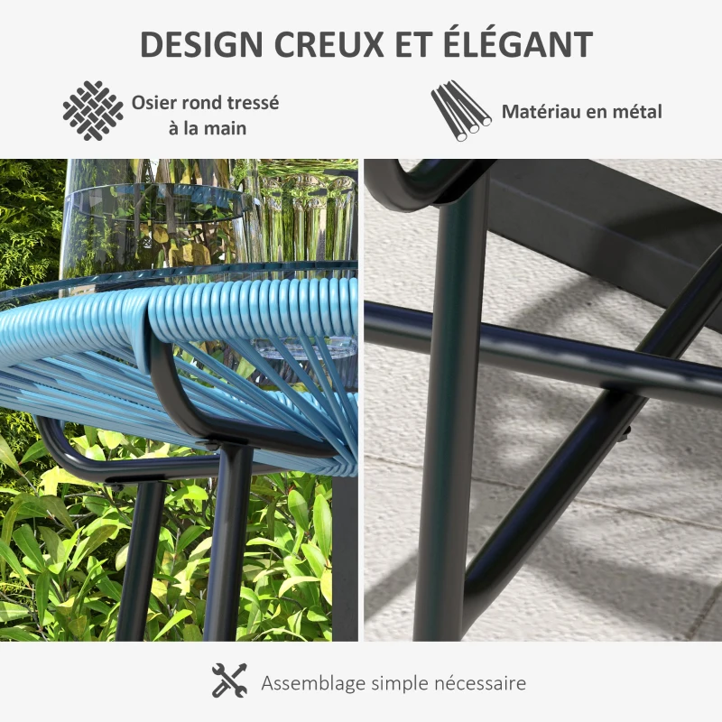 Outsunny Table basse ronde de jardin en résine aspect rotin métal et plateau verre trempé Ø 50 x 50H cm