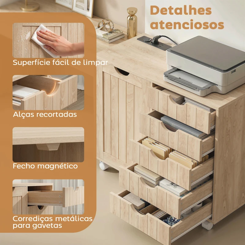 HOMCOM Móvel para Impressora com Estação de Carregamento e Rodas 5 Gavetas Portas USB Prateleira Ajustável Natural