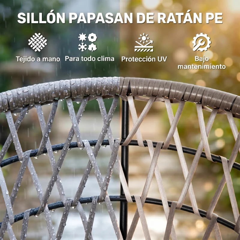 Outsunny Sillón Papasan Giratorio de Ratán Sintético con Cojín Carga 160 kg para Exterior Jardín Terraza 87x97x86 cm Gris y Crema