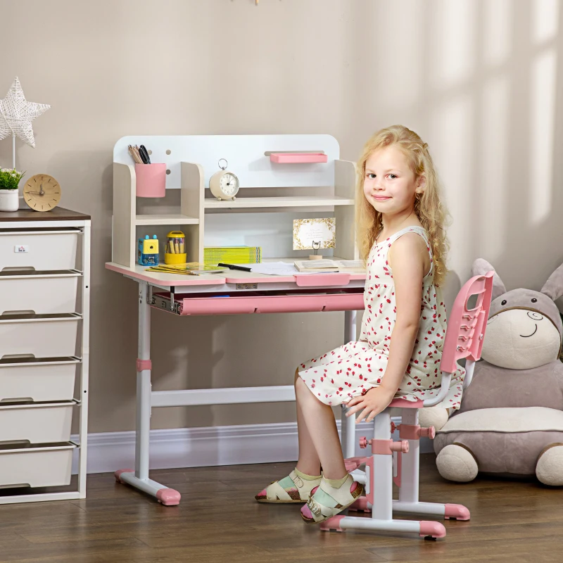 HOMCOM Escritorio y Silla para +3 Años con Altura Ajustable y Mesa Inclinable 80x52x88-109 cm y 35,5x44,5x66-80 cm Rosa
