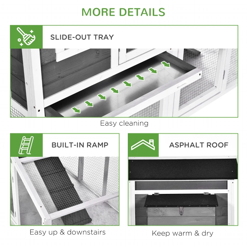 PawHut Chicken Coop with Run Garden Wooden Hen Cage Poultry Coops Cages with Nesting Box Ramp Sliding Tray Outdoor Grey for 2-4 Chickens 175.4 x 95.5 x 100cm