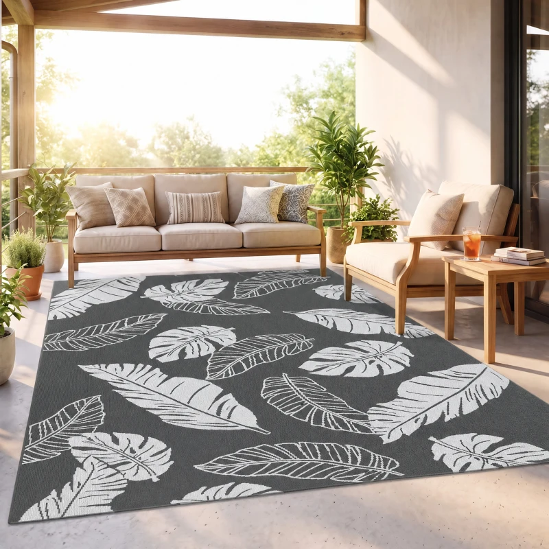 Outsunny Waterdicht Buitentapijt met Bladerpatroon - 182x274cm - Grijs/Wit