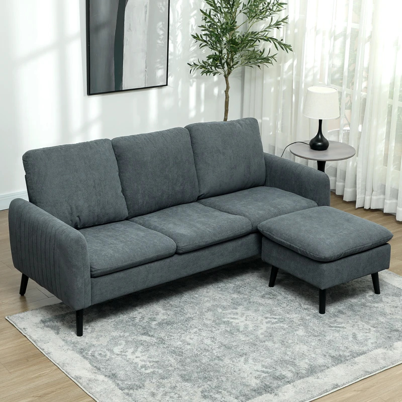 HOMCOM Hoekbank, 3-zitsbank met hocker, stoffen bekleding, L-vormige bankset, donkergrijs