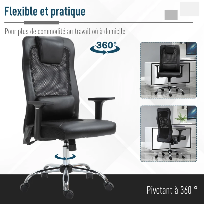 HOMCOM Fauteuil de bureau manager massant - assise dossier ergonomique - coussin lombaires & têtière - maille PU noir