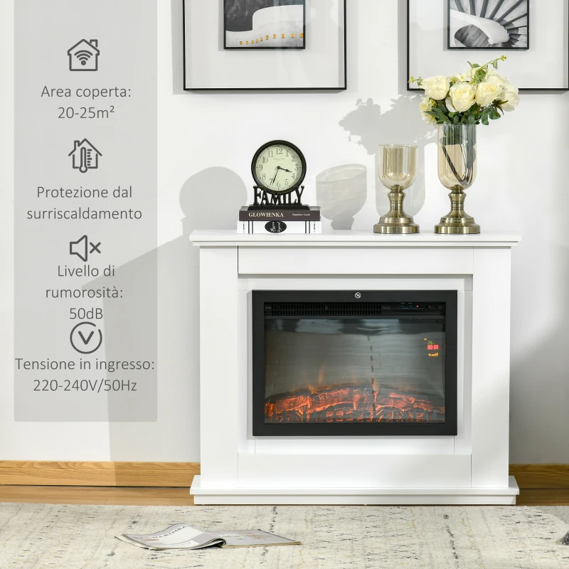 HOMCOM Camino Elettrico Effetto Fiamma Realistico con Cornice in Legno, Caminetto Elettrico con Termostato, Protezione da Surriscaldamento, Timer e Telecomando, 1000W e 2000W, 98x27.5x80cm, Bianco