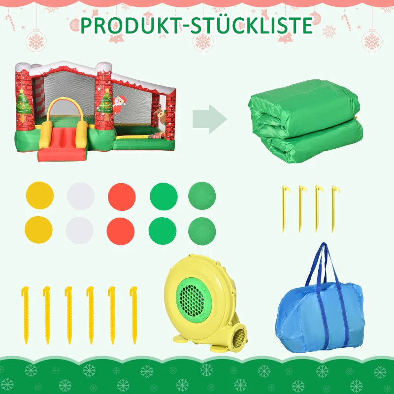 Outsunny kerstmis opblaasbaar springkasteel met waterbassin trampoline kleine glijbaan voor 3 kinderen springkasteel met blazer voor 3-8 jaar kleuterschool Oxford stof polyester rood + groen 325 x 270 x 175 cm