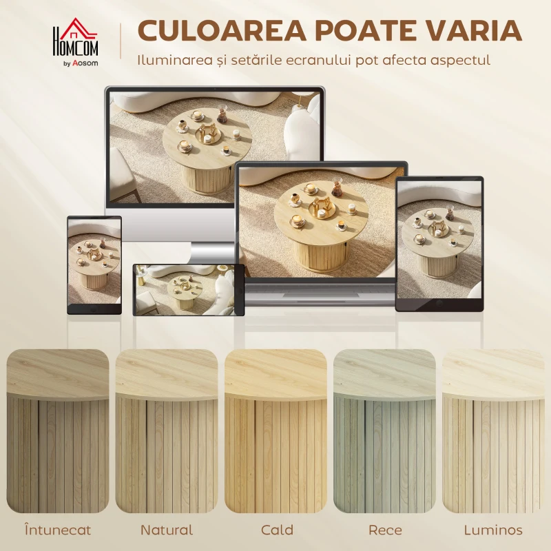 HOMCOM Măsuță de cafea rotundă Ø80 cm, cu spațiu de depozitare, bază tip coloană cu șipci, lemn natural
