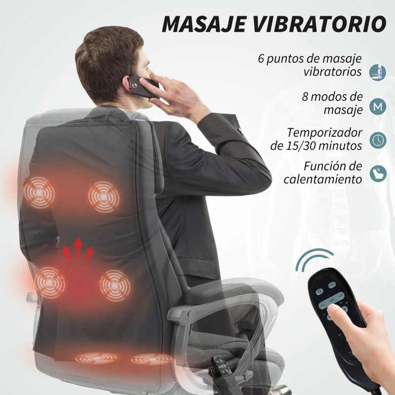 HOMCOM Silla de Oficina con Masaje Calor Lumbar Altura Ajustable e Inclinación Tapizada en Cuero Sintético 66x72x113-121cm Gris