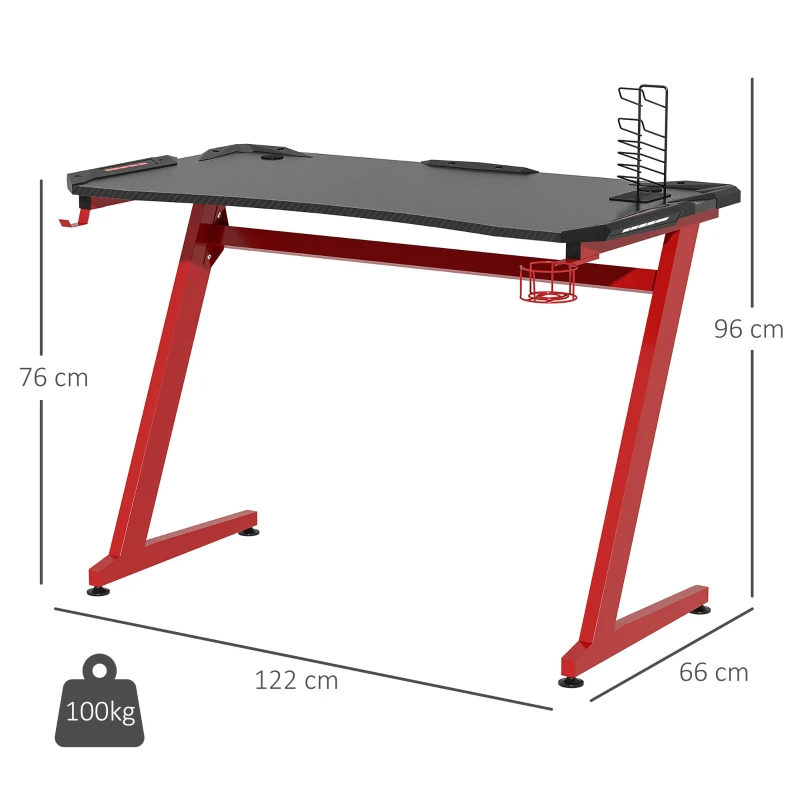 HOMCOM 122 x 66 cm Gaming Desk, Carbon Fibre Covered Computer Desk, Gamer Workstation with Headphone Hook, Cup Holder and Gamepad Storage Rack, Black and Red