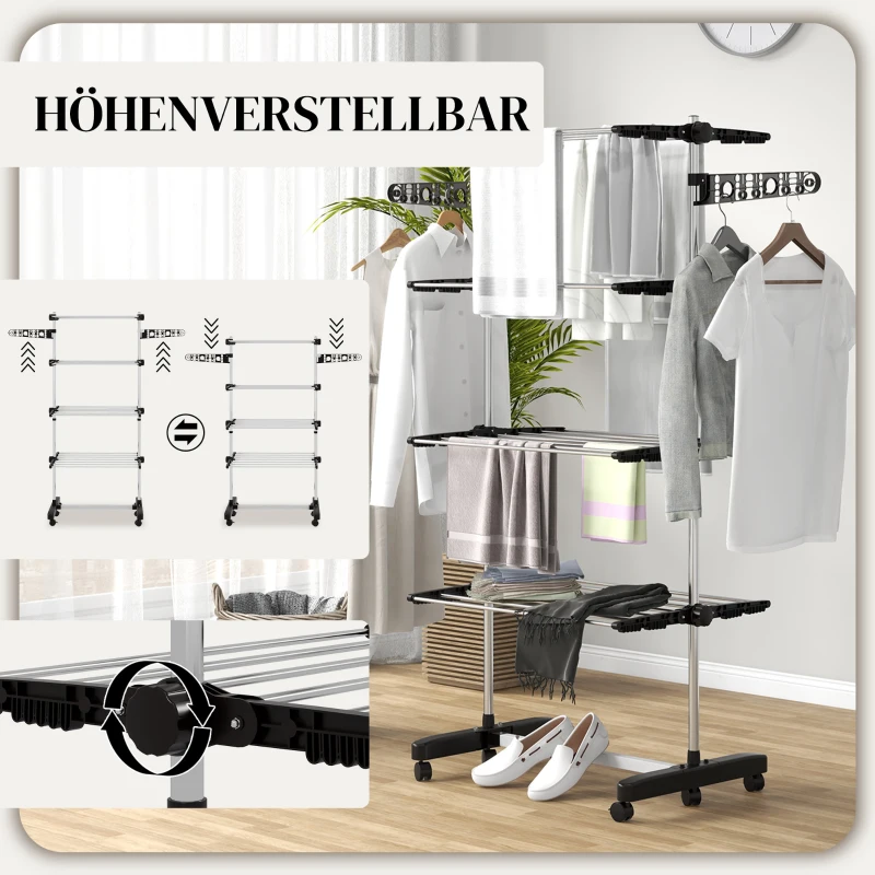HOMCOM Wasrek wasdroger 5 niveaus, inklapbaar, One-Click-systeem, 142 cm x 55 cm x1 72 cm, Zwart + Zilver(m-4)