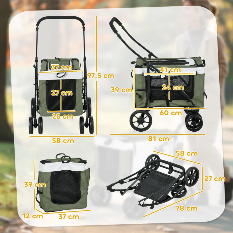 PawHut Huisdierenbuggy voor Honden en Katten, Opvouwbaar, Afneembare Mand, 81 x 58 x 97,5 cm, Zwart+Donkergroen+Wit