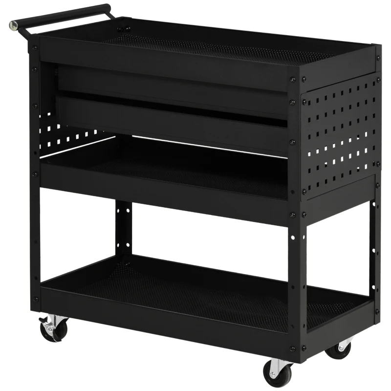 DURHAND Carro de Herramientas para Taller con Ruedas 2 Cajones y 3 Estantes para Garaje Mecánico Casa 76,5x39x79 cm Negro