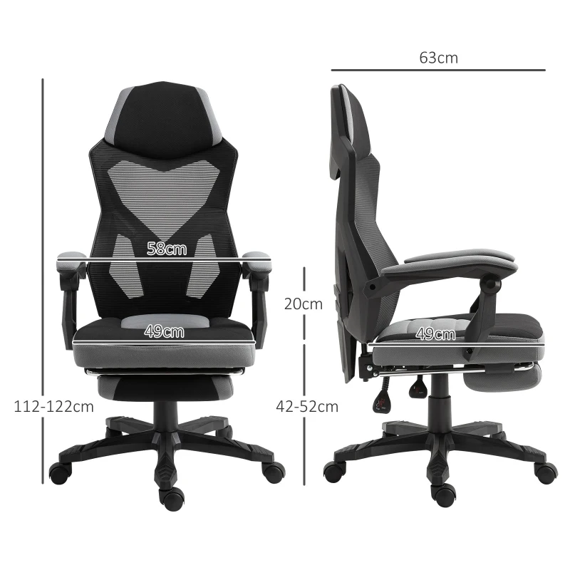 Vinsetto Chaise de bureau fauteuil gaming hauteur réglable dossier roulettes pivotantes repose-pied tissu en maille 58L x 63l x 112-122H cm gris noir