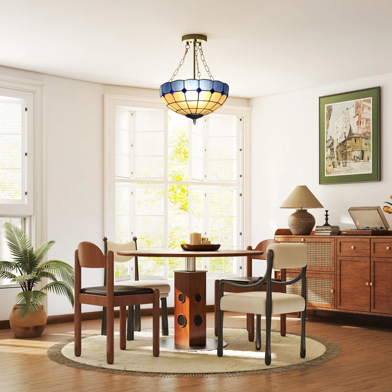 HOMCOM Tiffany Style Ceiling Light, Vintage Chandelier with 3 E27 Sockets, Semi Flush Mount for Living Room, Bulbs Not Included