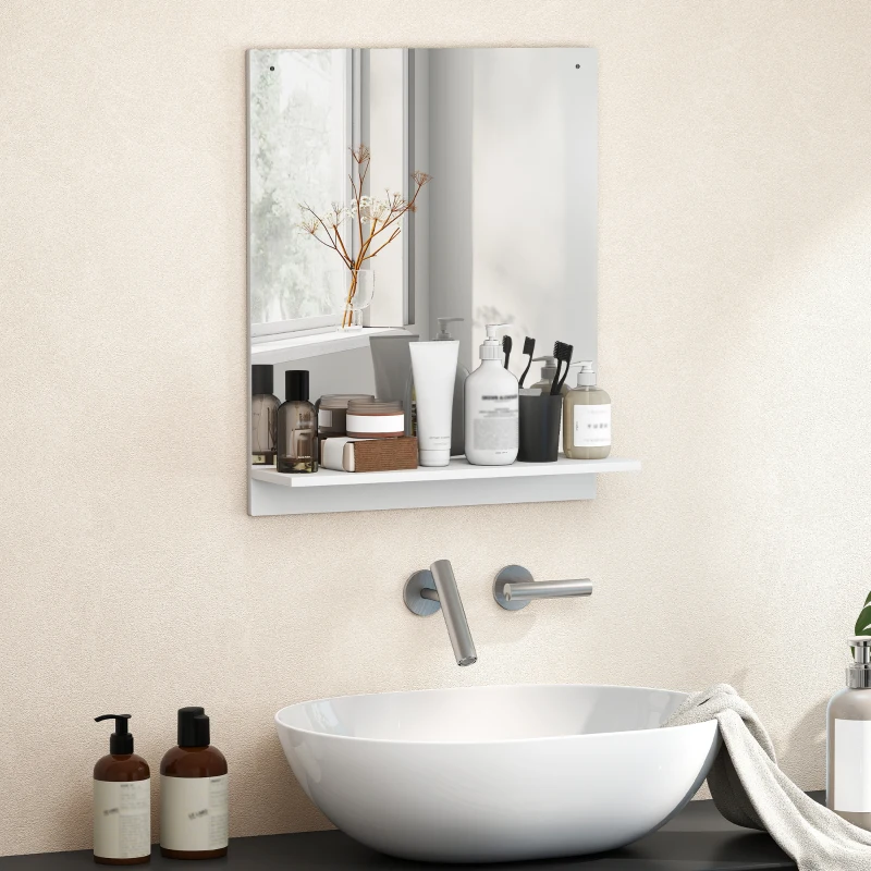 HOMCOM Badkamerspiegel 50 x 60 cm muurspiegel met plank, badkamerspiegel voor hal en gang, wit