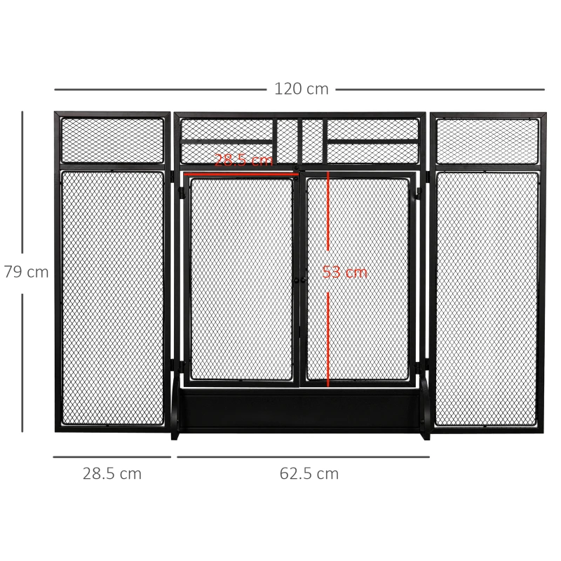 HOMCOM Parascintille Pieghevole a 3 Pannelli con Doppia Porta in Metallo, 120x11.5x79 cm, Nero