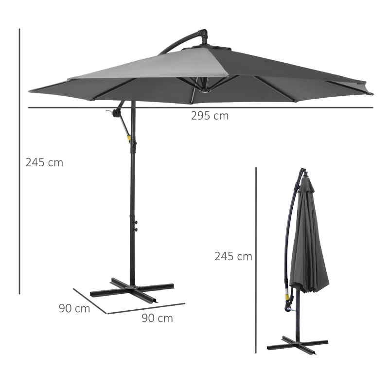 Outsunny Zonnescherm afneembare parasol, zweefparasol, zwengelparasol met handkruk, grijs