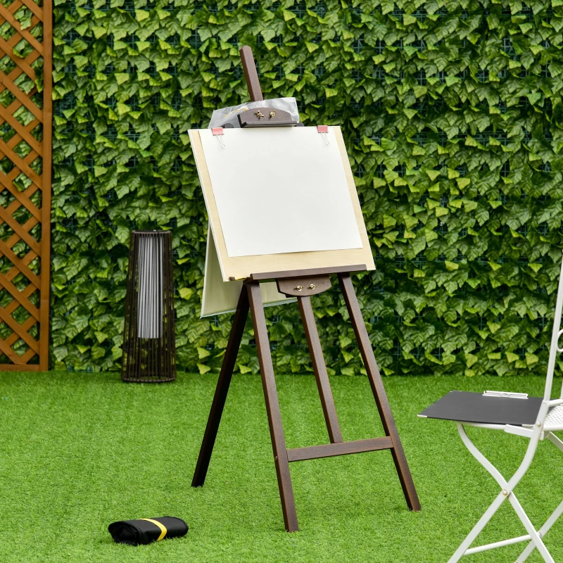 HOMCOM Caballete de Pintura de Madera con Ángulo Ajustable 75° Soporte Trípode y Pincel para Lienzos 51,5x71,5x134,5 cm Café