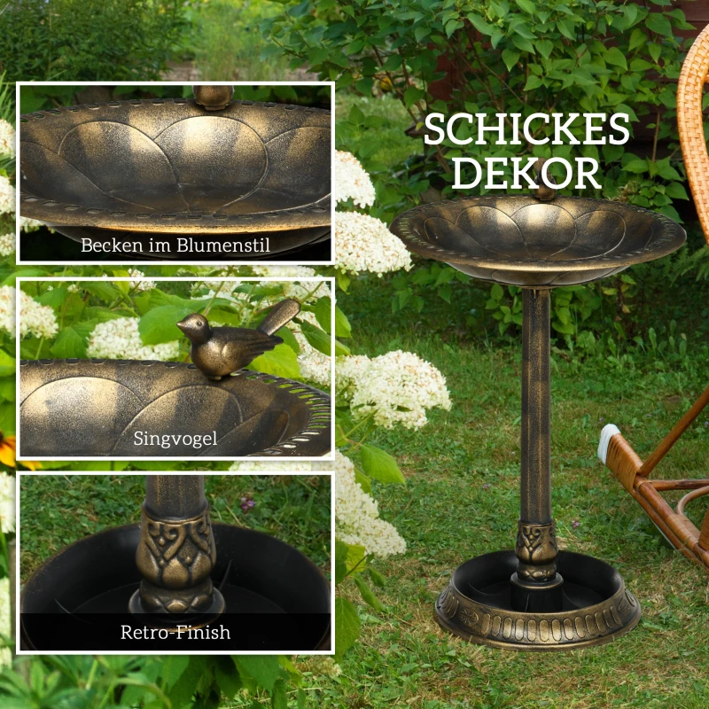 Outsunny Vogelbad met Beeldje, Bloemenpatroon, 2 Bassins, Kunststof, Antieke Look, 50B x 72H cm, Bronskleurig