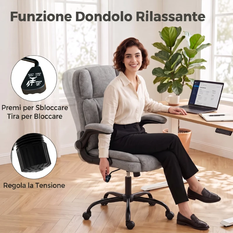 HOMCOM Sedia Ufficio Girevole con Braccioli Ribaltabili, Altezza Regolabile, Dondolo in Tessuto Effetto Lino, Grigio