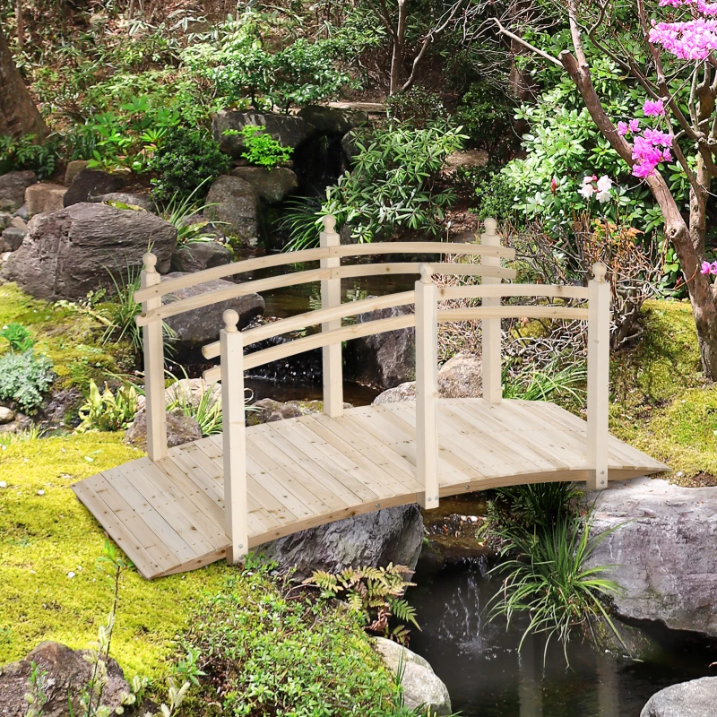 Outsunny Ponticello di Legno per Giardino Passerella Curva con Ringhiera, 228x75x110cm Colore Legno Naturale