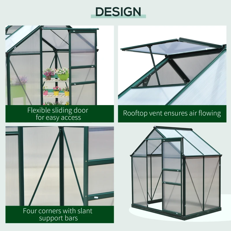 Outsunny 6 x 4ft Polycarbonate Greenhouse, Large Walk in Green House with Slide Door and Window, Garden Plants Grow House with Aluminium Frame and Foundation, Dark Green