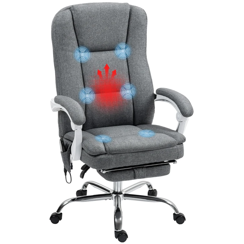 HOMCOM Fauteuil de bureau massant et chauffant chaise de bureau avec hauteur réglable dossier inclinable 66x60x113-121cm gris