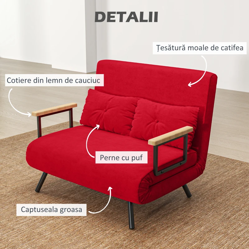 HOMCOM Canapea extensibilă din material cu efect de catifea cu spătar reglabil și 2 perne, 102x73x81 cm, roșu(m-6)