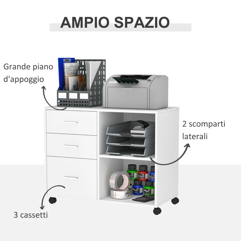 HOMCOM Mobile Porta Stampante con 3 Cassetti in Legno, Mobile Ufficio Multiuso con 4 Ruote e Ripiani Aperti, 80x40x65cm, Bianco