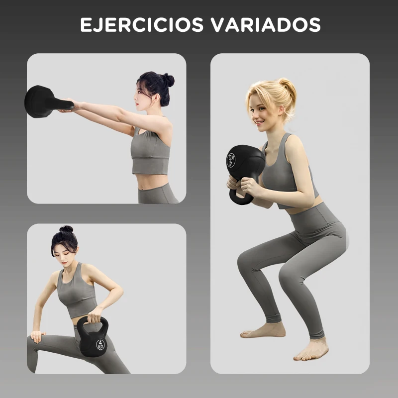 HOMCOM Pesa Rusa de 4 kg Kettlebell Relleno de Arena con Mango Ancho y Base Plana para Entrenamiento 18x12x20 cm Negro