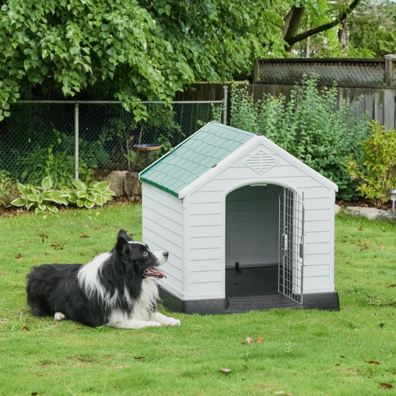 PawHut Caseta de Perro Casa para Perros Medianos con Puerta Metálica con Cerradura Techo Inclinado Base Elevada para Interior Exterior 78x87x81 cm Blanco y Verde