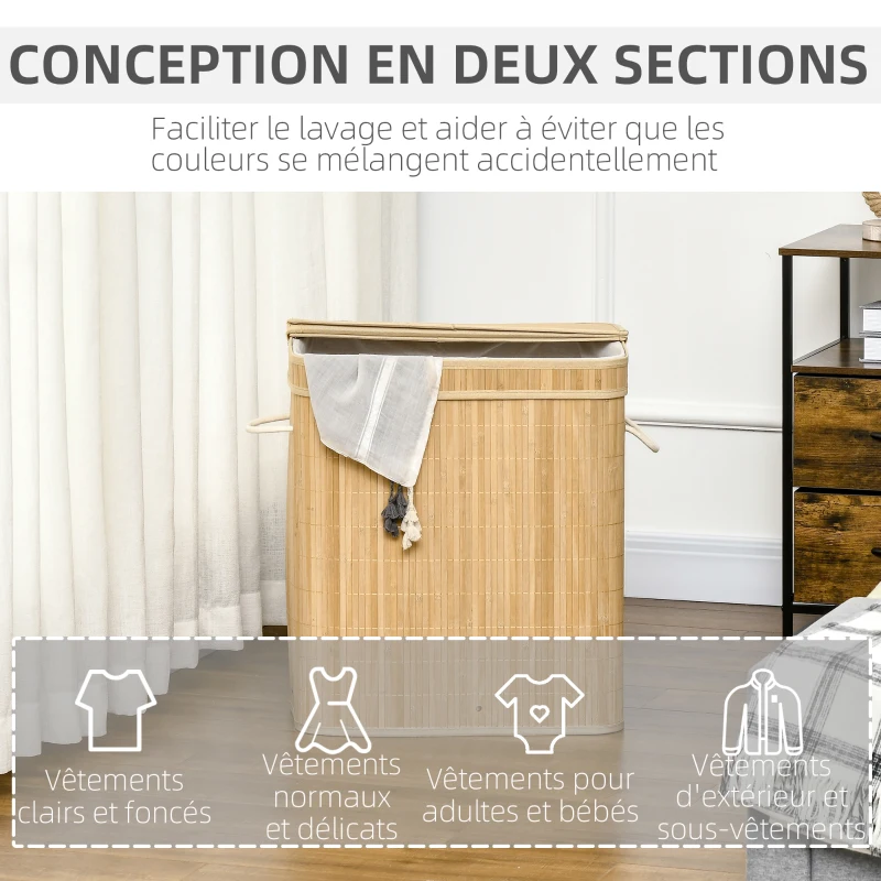 HOMCOM Panier à linge en bambou avec couvercle et poignées capacité 90 litres avec 2 sections et un sac amovible en tissu - 54,2 x 35,2 x 59,5 cm