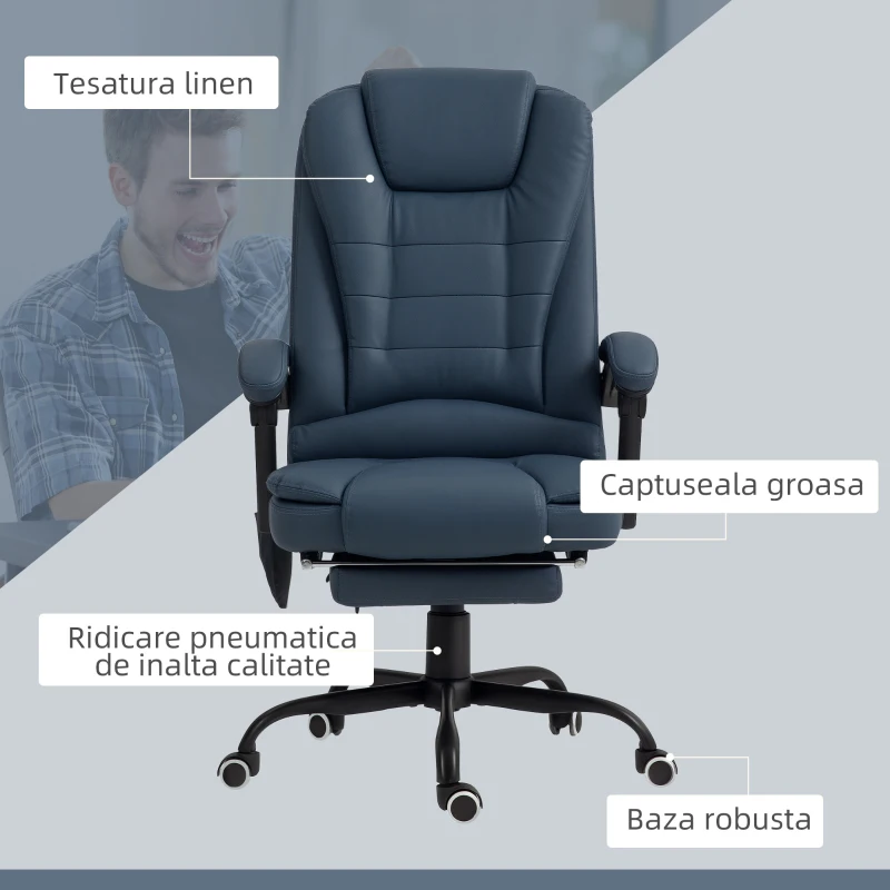 Vinsetto Fotoliu de birou cu 7 puncte de masaj și suport pentru picioare, din piele PU și oțel, 67x67x111-121 cm, albastru(m-8)