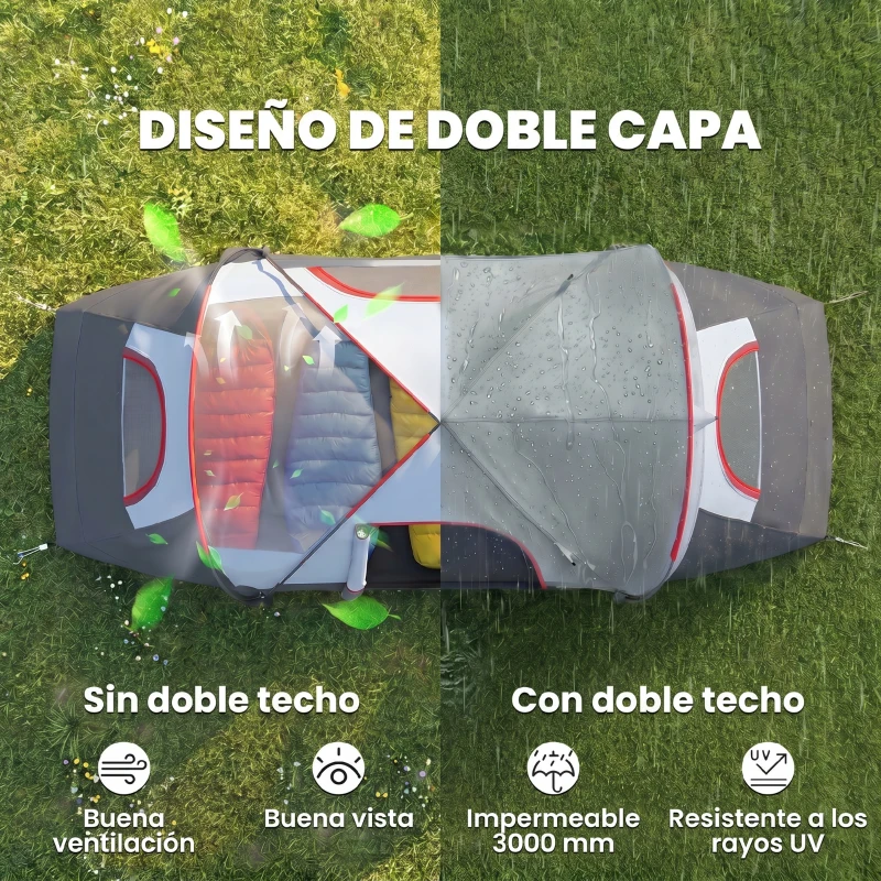 Outsunny Tienda de Acampada para 6 Personas Impermeable 3000mm+ con Bolsa de Transporte y Gancho 455x220x180 cm Gris