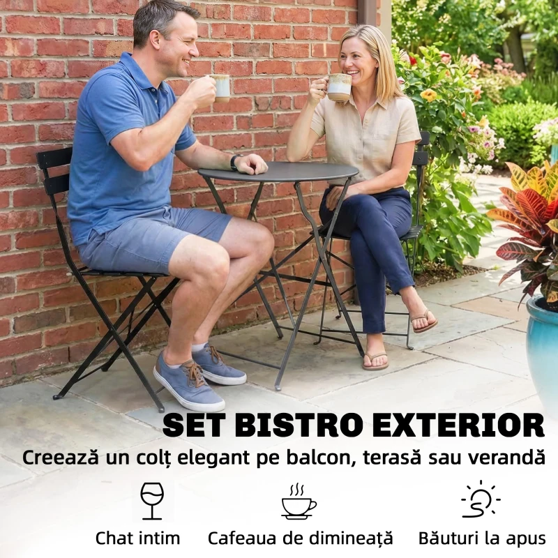 Outsunny Set Bistro Pliabil de Exterior, Format din 3 Piese, cu Masă, Negru