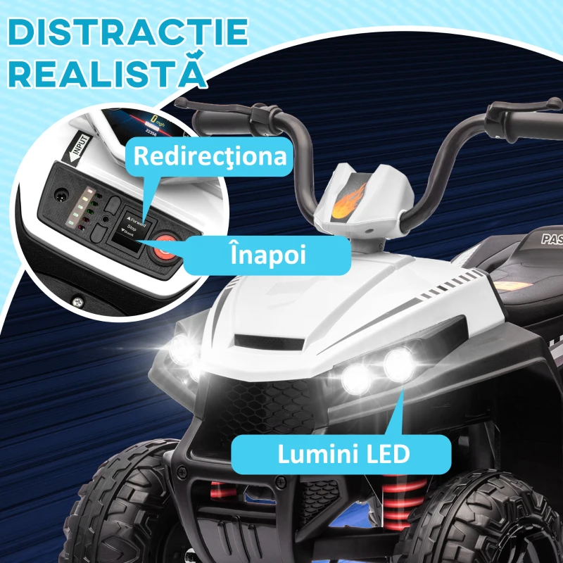 AIYAPLAY ATV Electric pentru Copii 12V cu 2 Motoare, Suspensii, Faruri LED, MP3, 37-60 Luni, Interior Exterior, Alb