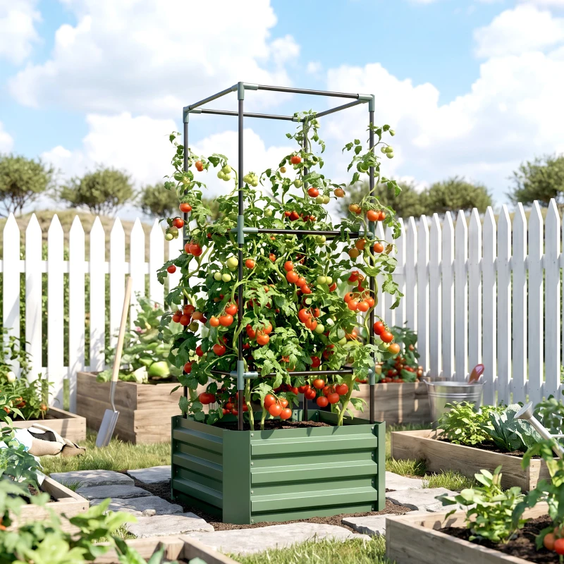 Outsunny Verhoogde plantenbak met klimrek, plantenbak met klimsteun, open bodem, weerbestendig, 61 cm x 61 cm x 140 cm, groen