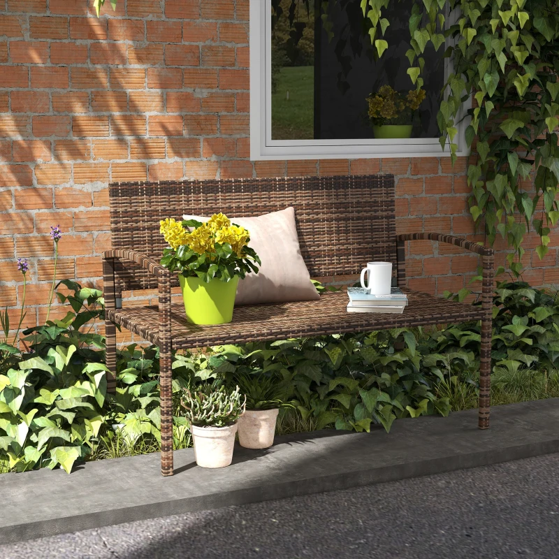 Outsunny All Weather Wicker Garden Loveseat, 2 Seater Poly Rattan Garden Bench, Outdoor Seating Bench Brown