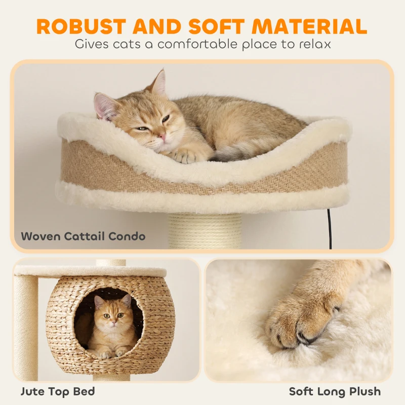 PawHut Arbre à Chat Tour pour Chat en Rotin Design 4 Niveaux avec Niche Quenouille Panier Jute et Coussin 132cm Beige
