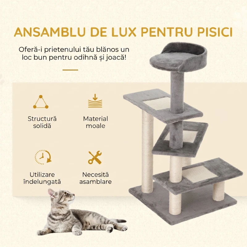 PawHut Copac pentru Pisici de 100 cm cu Pat Rotund, Stâlpi din Sisal și Acoperire de Pluș, Gri
