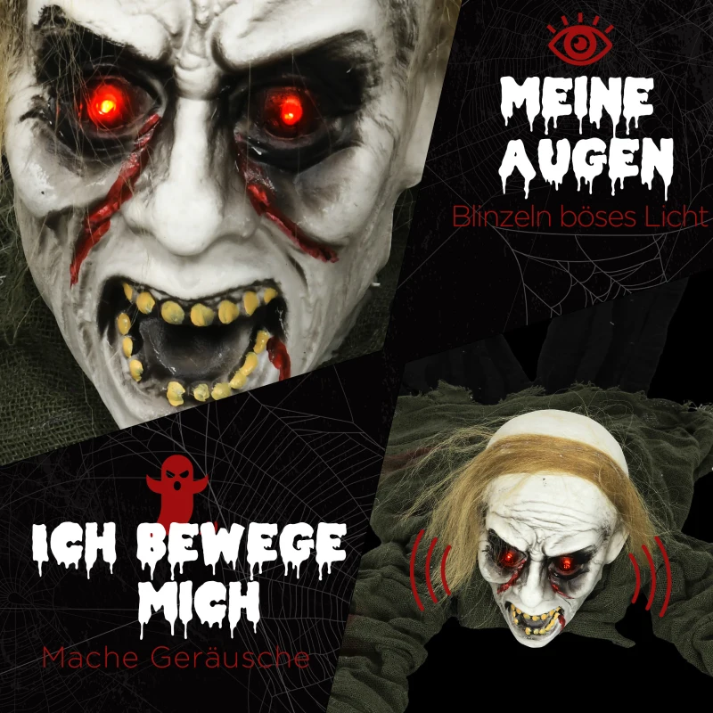 HOMCOM Halloweendecoratie, kruipende Zombie, geactiveerd door aanraking/geluiden, oplichtende ogen