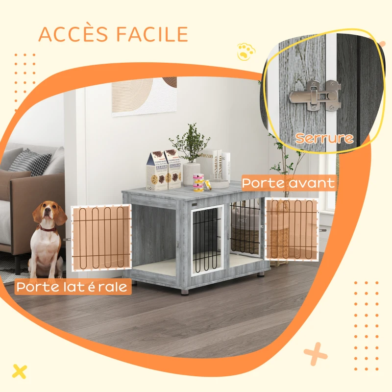 PawHut Cage pour chien animaux cage de chien sur pied avec coussin amovible acier aspect bois 90 x 58 x 65 cm gris